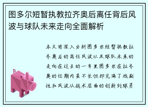 图多尔短暂执教拉齐奥后离任背后风波与球队未来走向全面解析