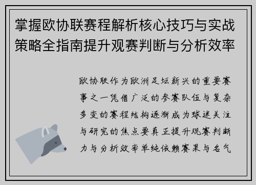 掌握欧协联赛程解析核心技巧与实战策略全指南提升观赛判断与分析效率