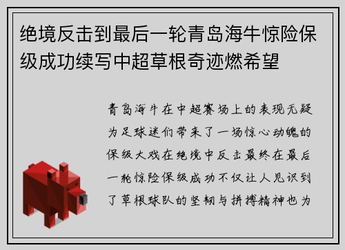 绝境反击到最后一轮青岛海牛惊险保级成功续写中超草根奇迹燃希望